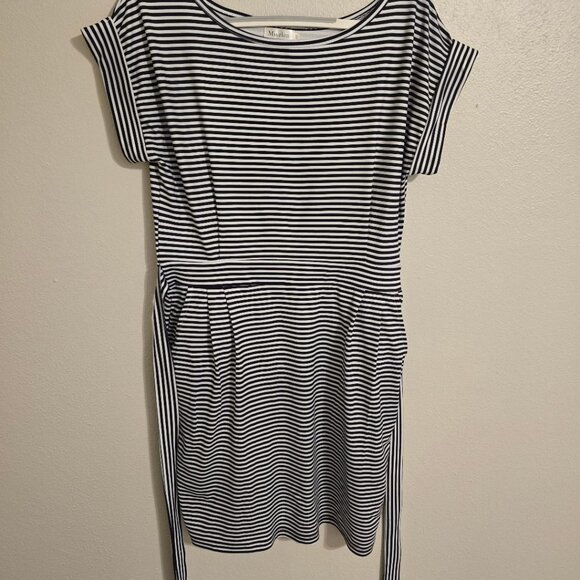 Miselon B/W Striped Mini Dress w/ Belt and Side Pockets Boat-Neck Size S Stretch - Picture 6 of 6